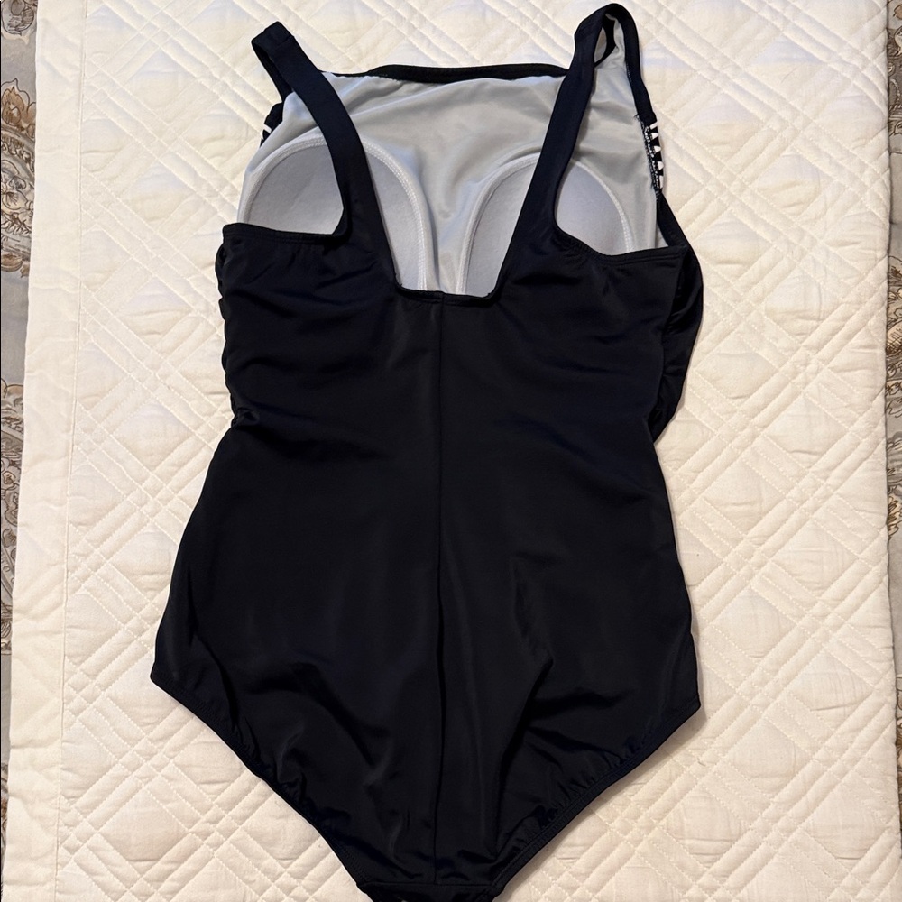 Reebok Black One-Piece Swimsuit with White Chevron Trim - Picture 2 of 6